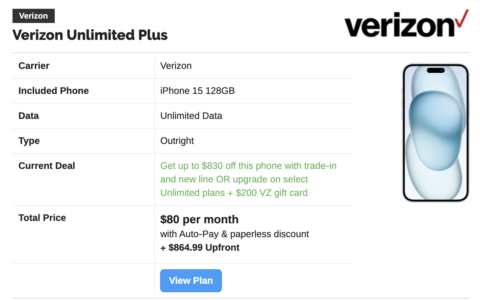 VERIZON以旧换新: 免费获得iPhone 15或15 Pro，只需交换旧设备