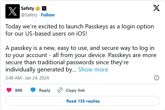 X（Twitter）平台取消短信验证引入 Passkey 支持，提升账号安全性