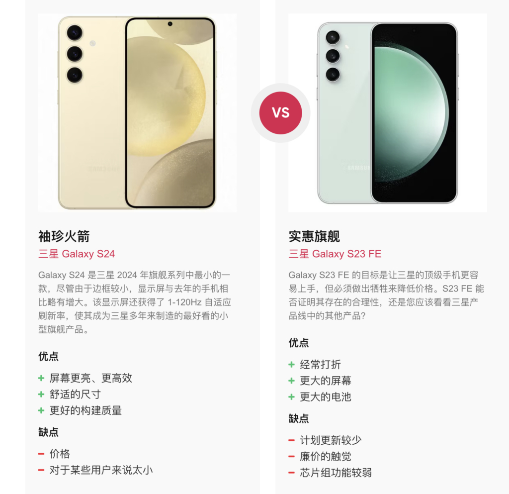 三星 Galaxy S24 对比 Galaxy S23 FE：哪款三星旗舰是完美的入门选择？