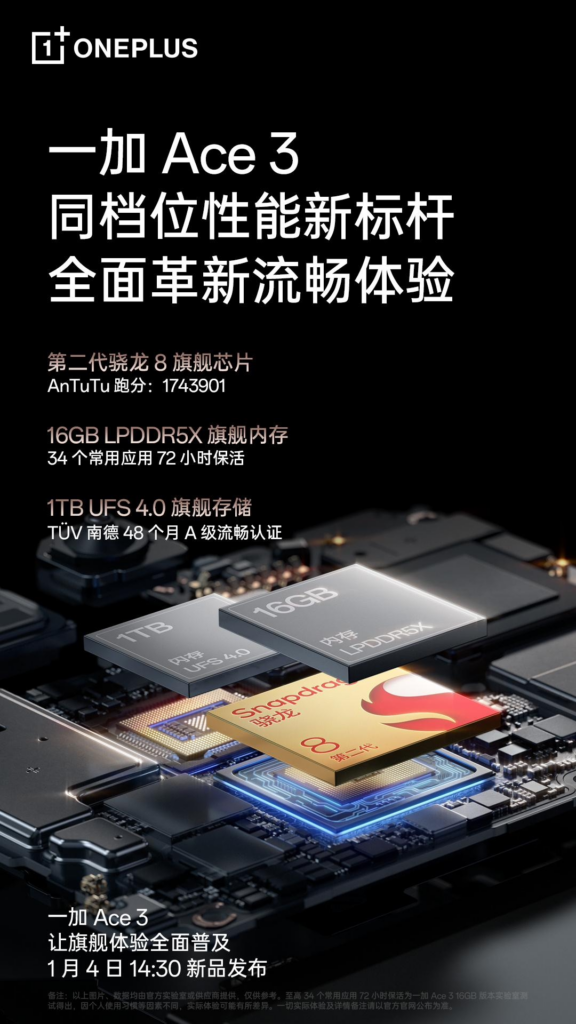 一加 Ace 3：同档性能新标杆，骁龙 8 Gen 2 芯片、16GB LPDDR5X RAM、1TB UFS 4.0 存储震撼发布！