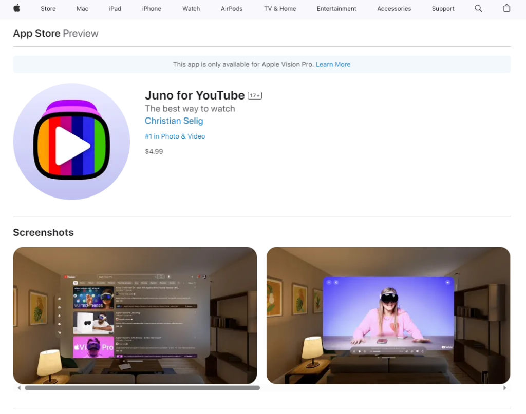 苹果Vision Pro 头显独家：开发者推出“Juno”填补了官方 App 的缺失，为用户带来全新YouTube体验