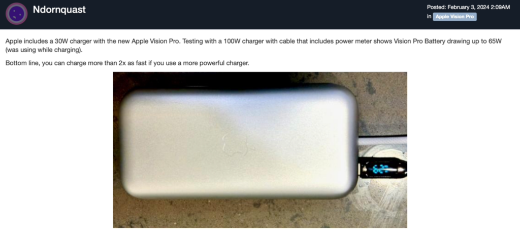 苹果Vision Pro头显电池包或支持最高65W输入，官方配备30W充电头