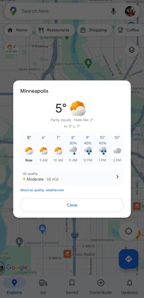 谷歌地图新功能：一键查看实时天气