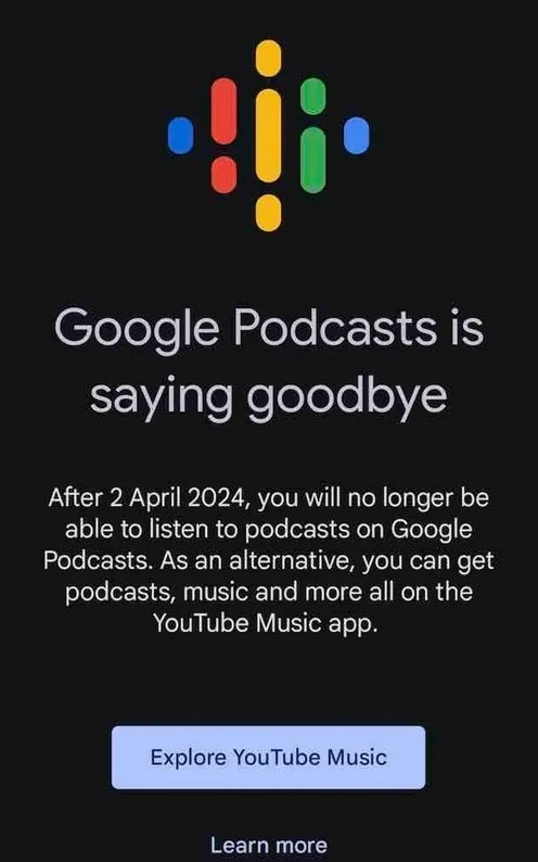 Google Podcasts 应用将于周二关闭；Google建议用户迁移到此应用