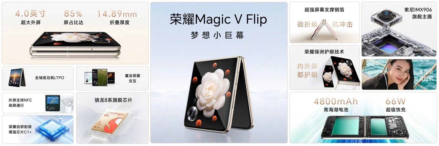 4999 元起，荣耀首款小折叠手机 Magic V Flip 正式发布：全面外屏 + 高通骁龙 8+ Gen1