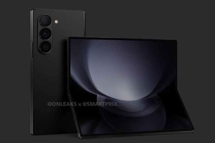 三星 Galaxy Z Fold 6 的渲染图，展示了手机的正面和背面。