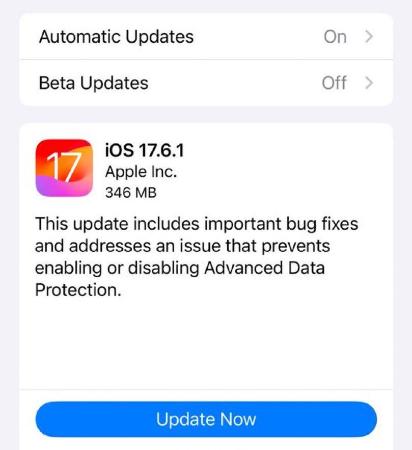 苹果发布 iOS 17.6.1 正式版：修复高级数据保护功能问题